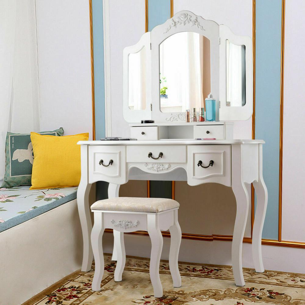 white makeup vanity table with drawers