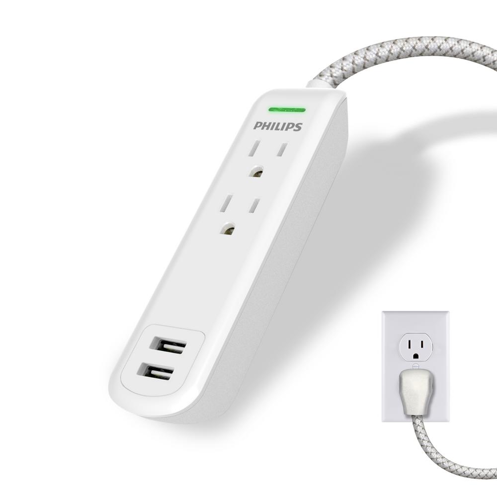 Philips 2-Outlet 2 USB Port Surge Protector with 8 ft. Cord, White-SPC6221WC/37 - The Home Depot