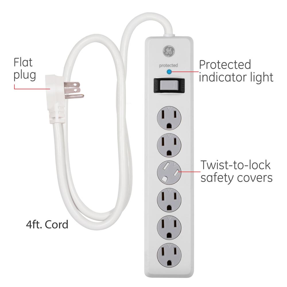Surge Protector Power Strip 6 Outlets Long Extension Cord  Flat Plug Safety Lock