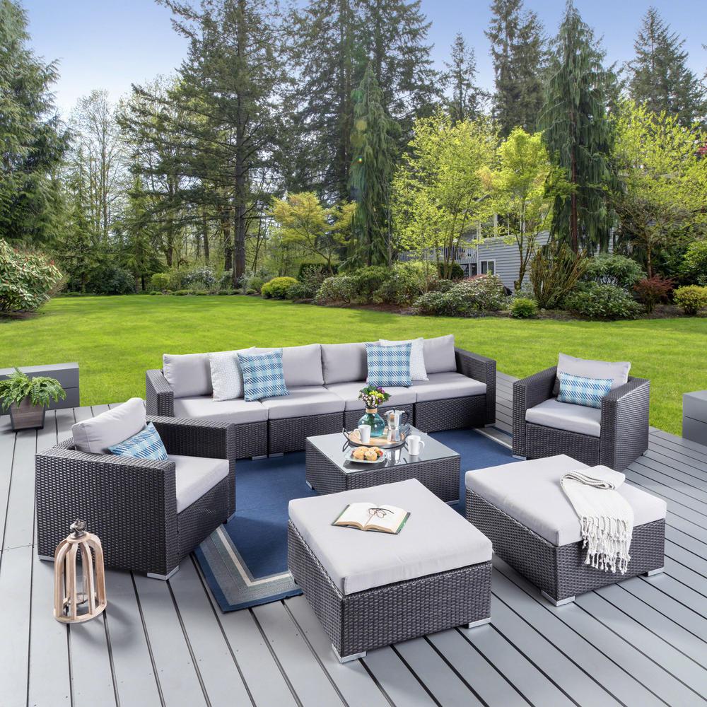 Noble House Dominique Gray 9-Piece Wicker Outdoor Sectional Set with