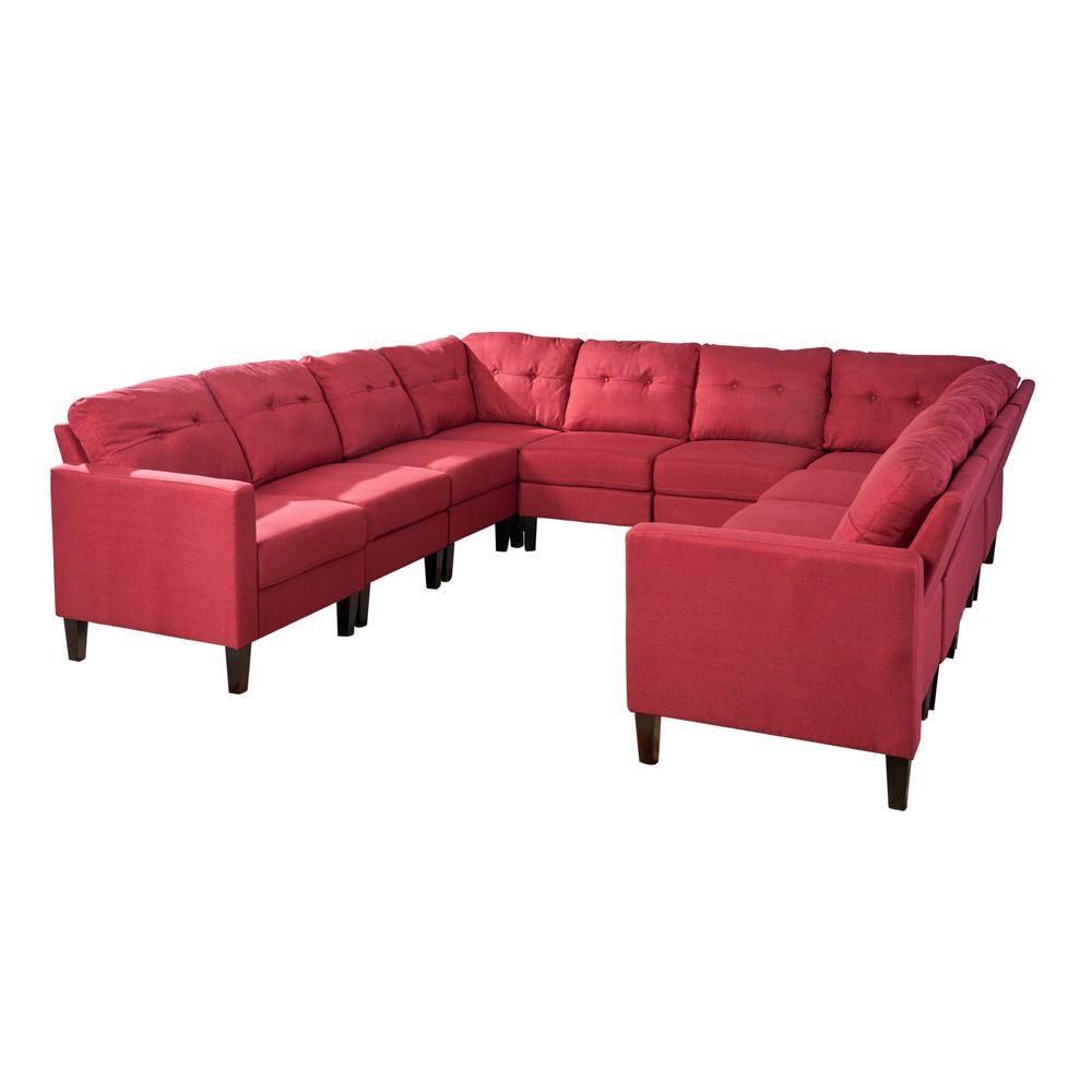Delilah Mid Century Modern 10 Piece Red Fabric U Shaped Sectional Sofa Set