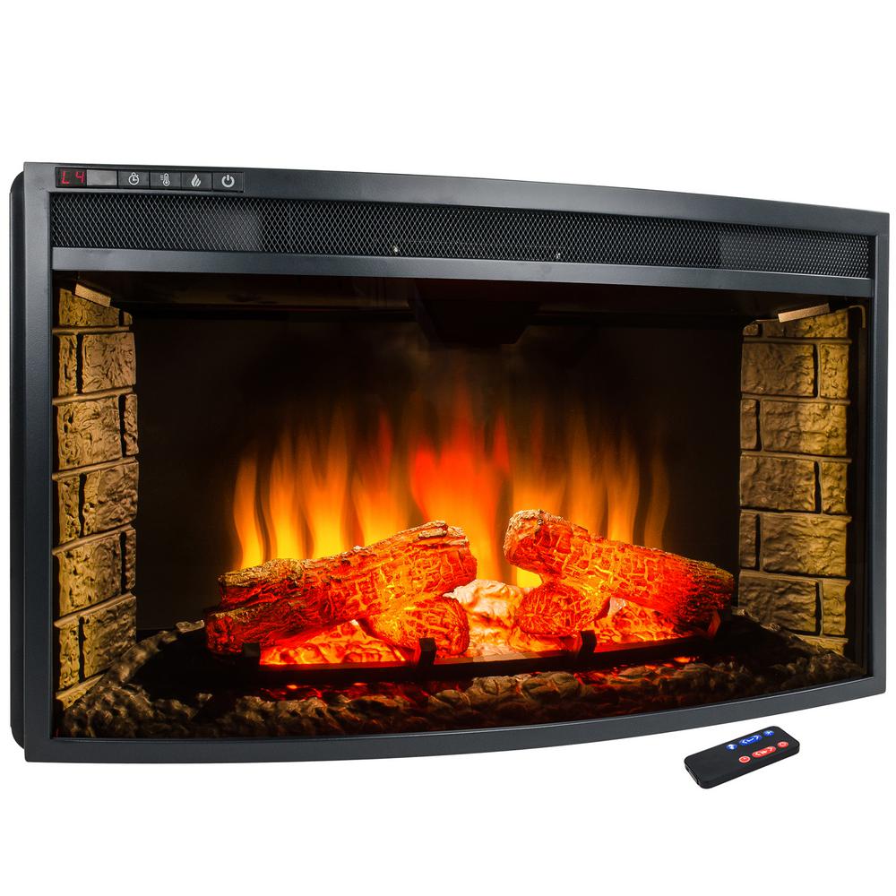 AKDY 33 in. Freestanding Electric Fireplace Insert Heater in Black with Curved Tempered Glass