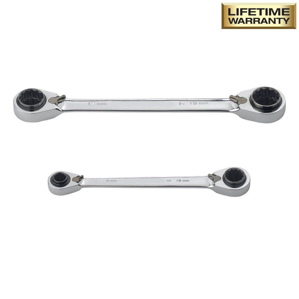 Husky 4in1 Reversible Ratcheting Wrench Set 2 Pack Metric Quad Drive