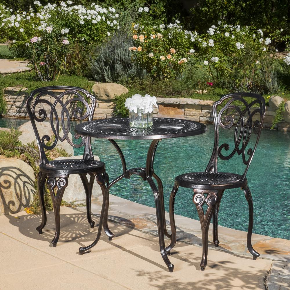 Noble House Cornwall Copper 3 Piece Aluminum Round Outdoor Bistro Set