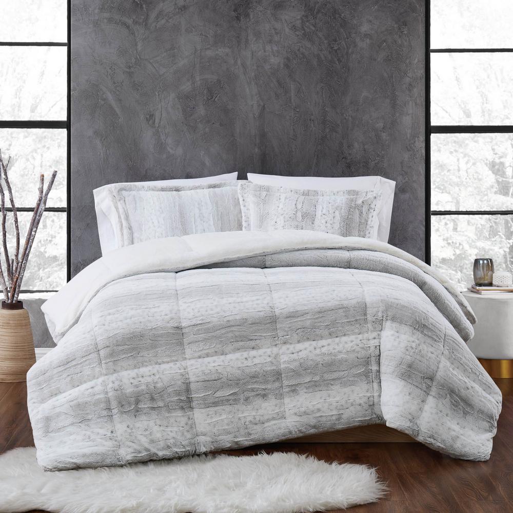 Snow Leopard 3 Piece Grey Faux Fur Full Queen Comforter Set Cs3769gyfq 1700 The Home Depot