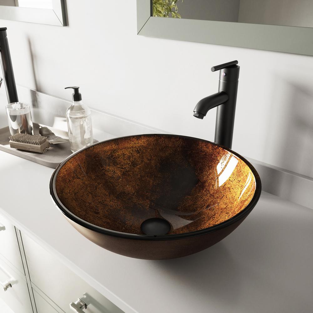 Vigo Glass Vessel Bathroom Sink In Russet And Seville Faucet Set In Matte Black