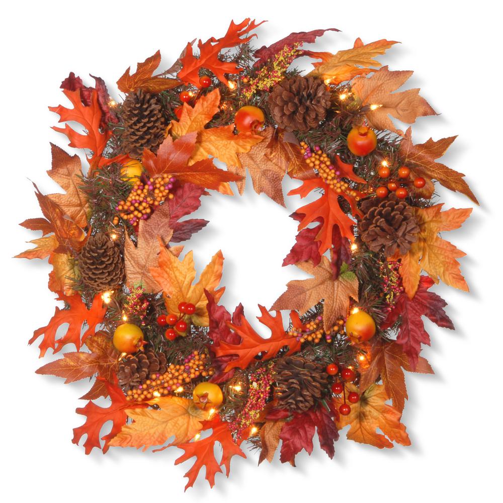 National Tree Company 24 in. Maple Wreath with Clear LightsHC710424W