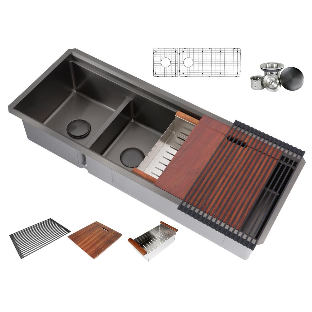 Emoderndecor Workstation Undermount Stainless Steel 48 In 16 Gauge Double Bowl Kitchen Sink Integrated Ledge In Black Wsr4819dl Blk The Home Depot