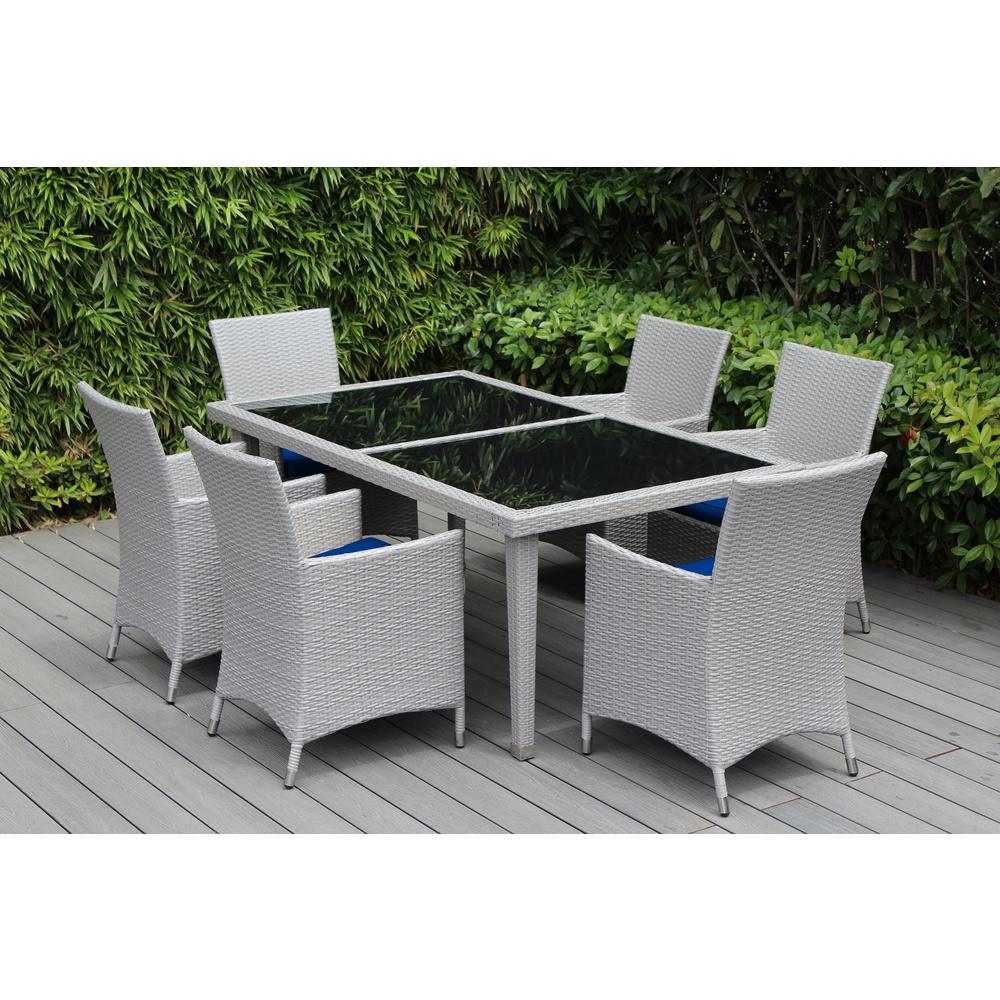 Ohana Depot Gray 7 Piece Wicker Patio Dining Set With Sunbrella Pacific Blue Cushions Ohana Depot Gray 7 Piece Wicker Patio Dining Set With Sunbrella Pacific Blue Cushions