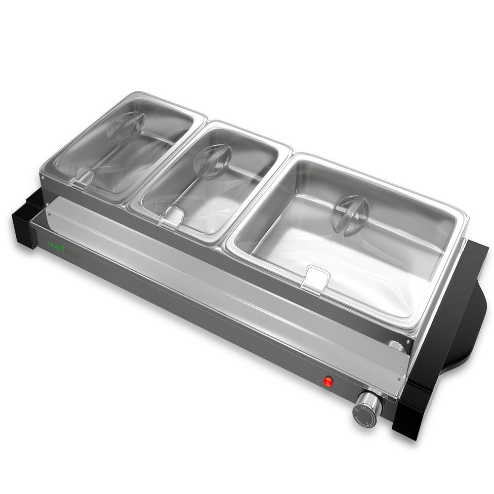 NutriChef 27.6 in. 3Burner Stainless Steel Electric Food Warming Tray Buffet Server Hot Plate