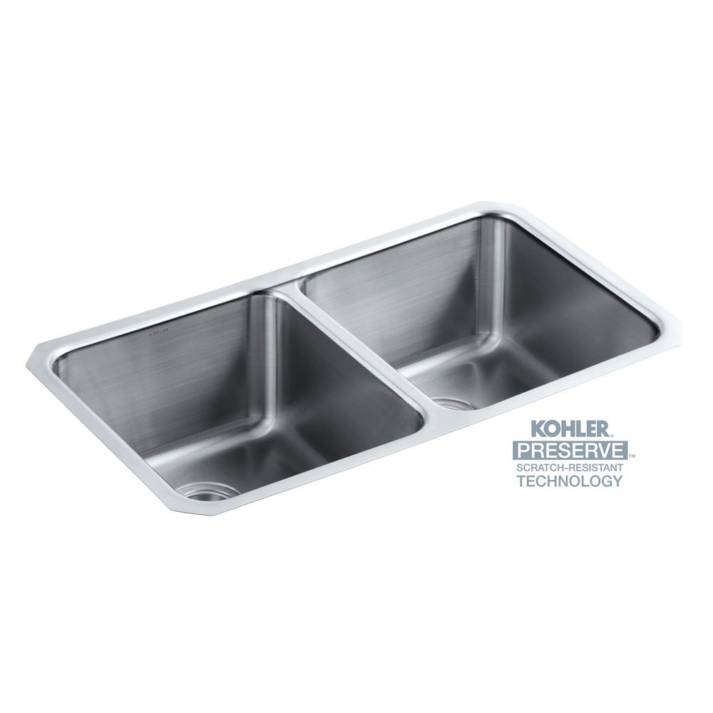 Kohler Undertone Preserve Undermount Stainless Steel 32 In Double Kohler Undertone Preserve Undermount Stainless Steel 32 In Double Bowl Scratch Resistant Kitchen Sink