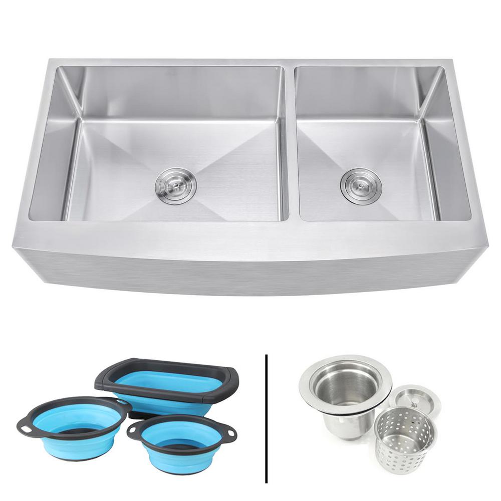 Emoderndecor Farmhouse Apron 16 Gauge Stainless Steel 42 In Curve Front 60 40 Offset Double Bowl Kitchen Sink W Silicone Colanders