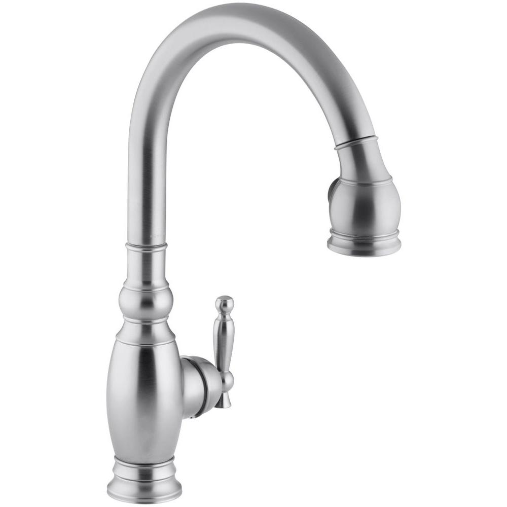 KOHLER Vinnata Single Handle Pull Down Sprayer Kitchen Faucet In   Brushed Chrome Kohler Pull Down Faucets K 690 G 64 1000 