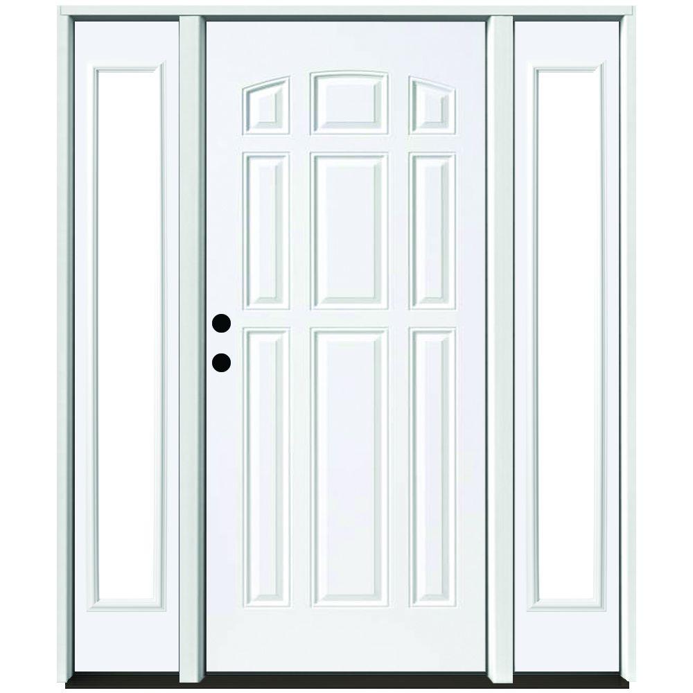 Steves Sons 68 In X 80 In 9 Panel Primed White Right Hand Steel Prehung Front Door With 14 In Clear Glass Sidelites 4 In Wall