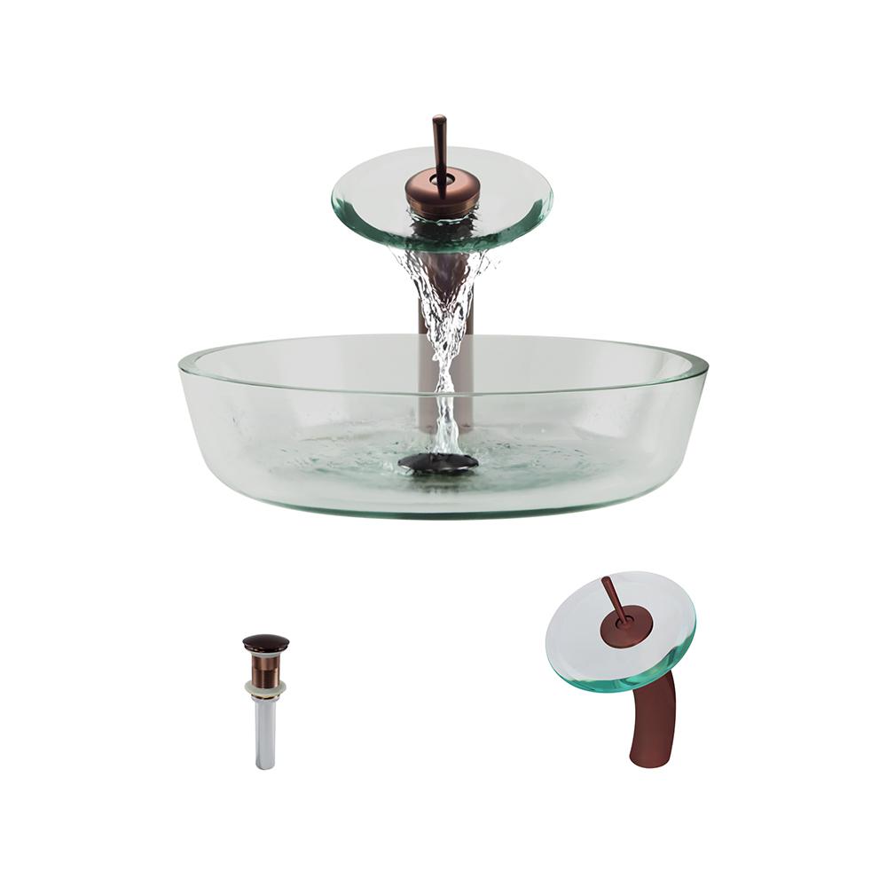 Mr Direct Glass Vessel Sink In Clear With Waterfall Faucet And Pop