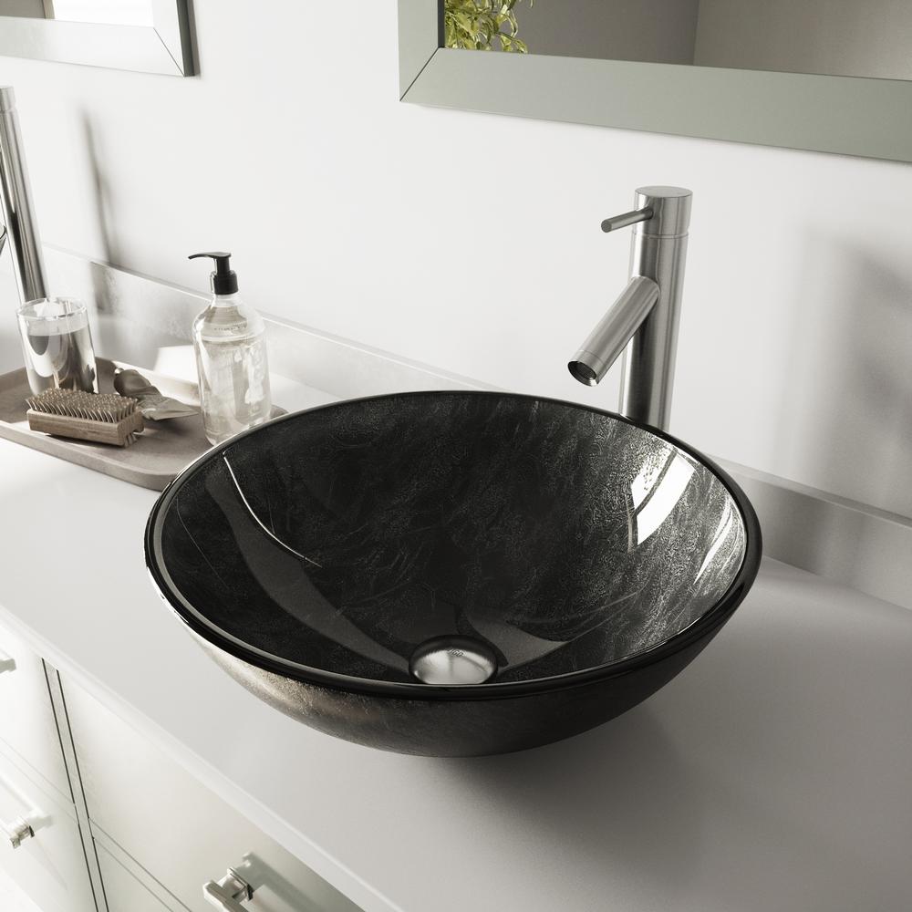 Vigo Glass Vessel Sink In Gray Onyx And Dior Faucet Set Brushed Glass Vessel Sink In Gray Onyx And Dior Faucet Set Brushed Nickel