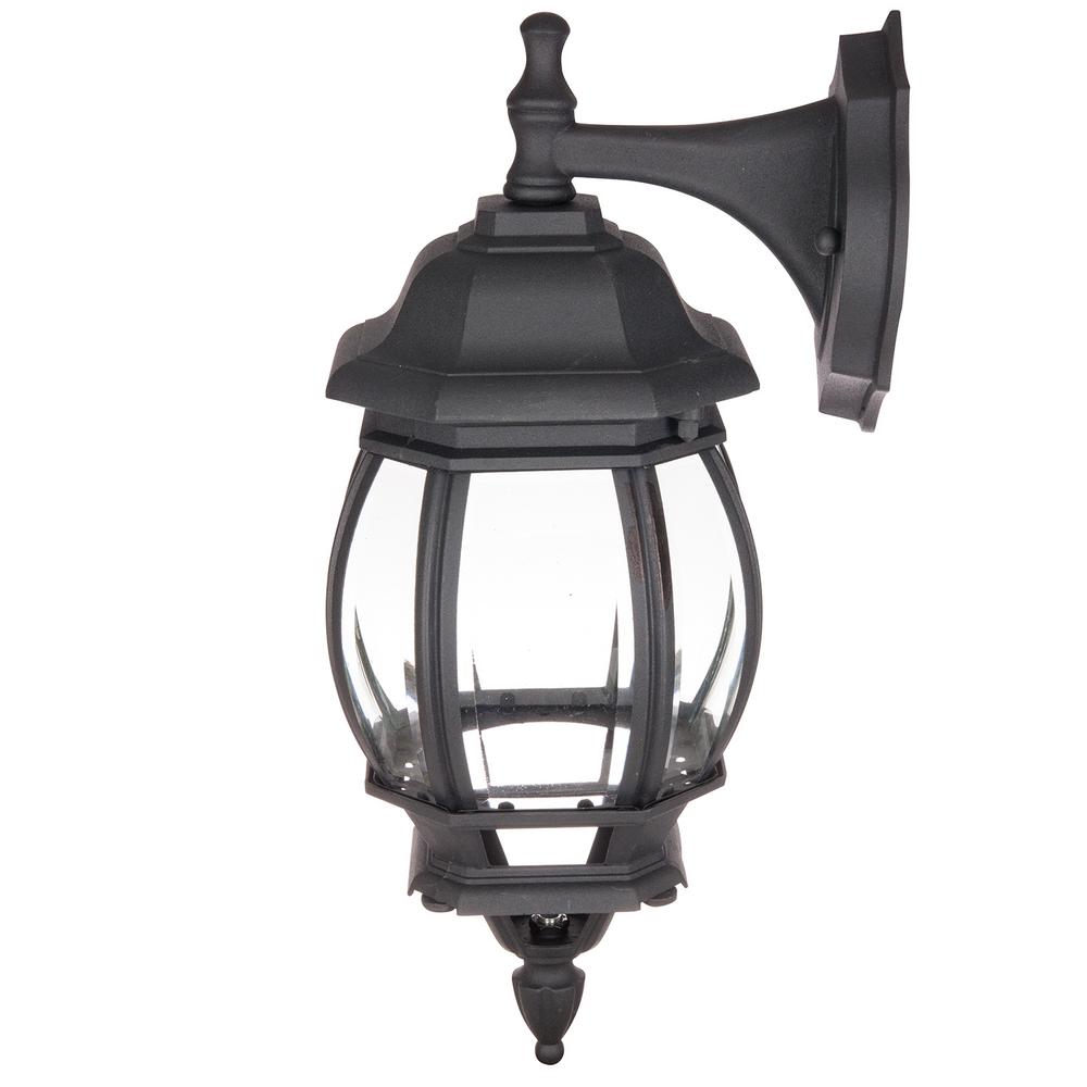 Sunlite 1-Light Black Outdoor Down Facing Carriage Style Wall Lantern Light Sconce with Clear ...