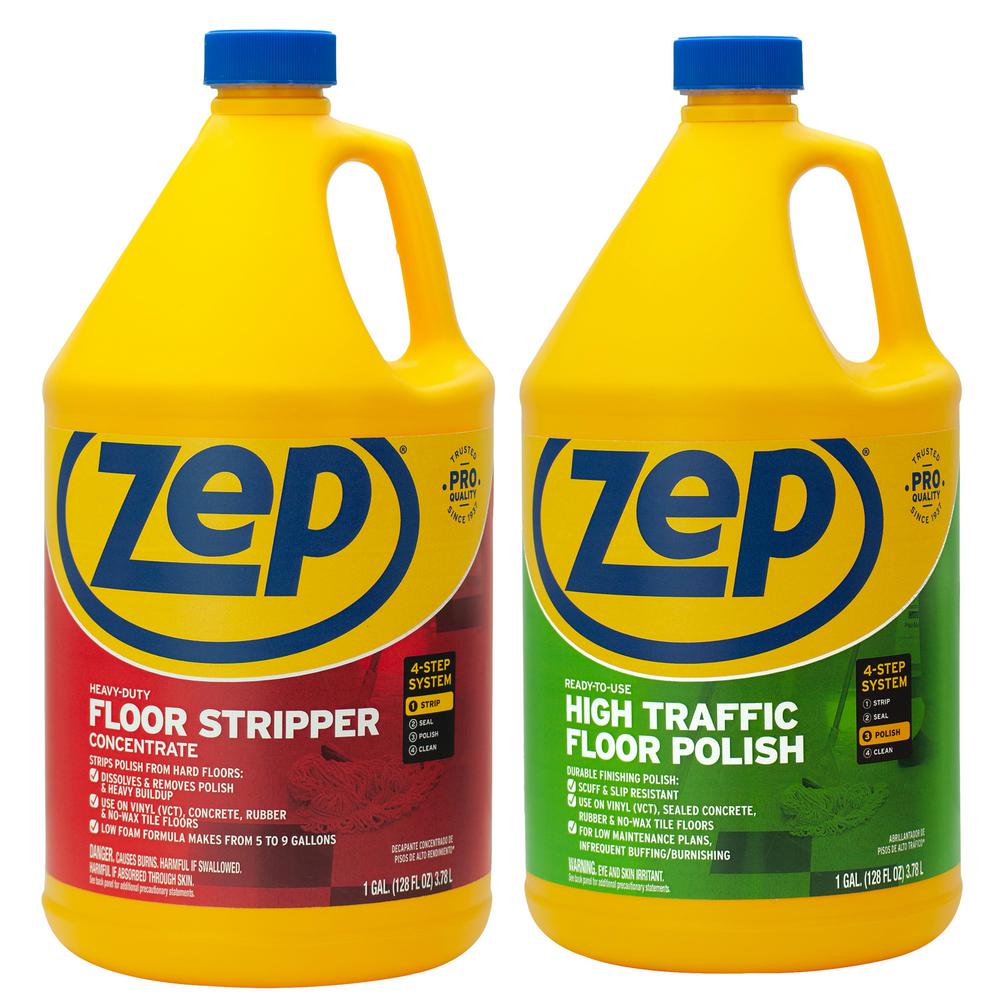 Zep 128 Oz High Traffic Floor Polish With Heavy Duty Floor Stripper 128 Oz 2 Pack Combo