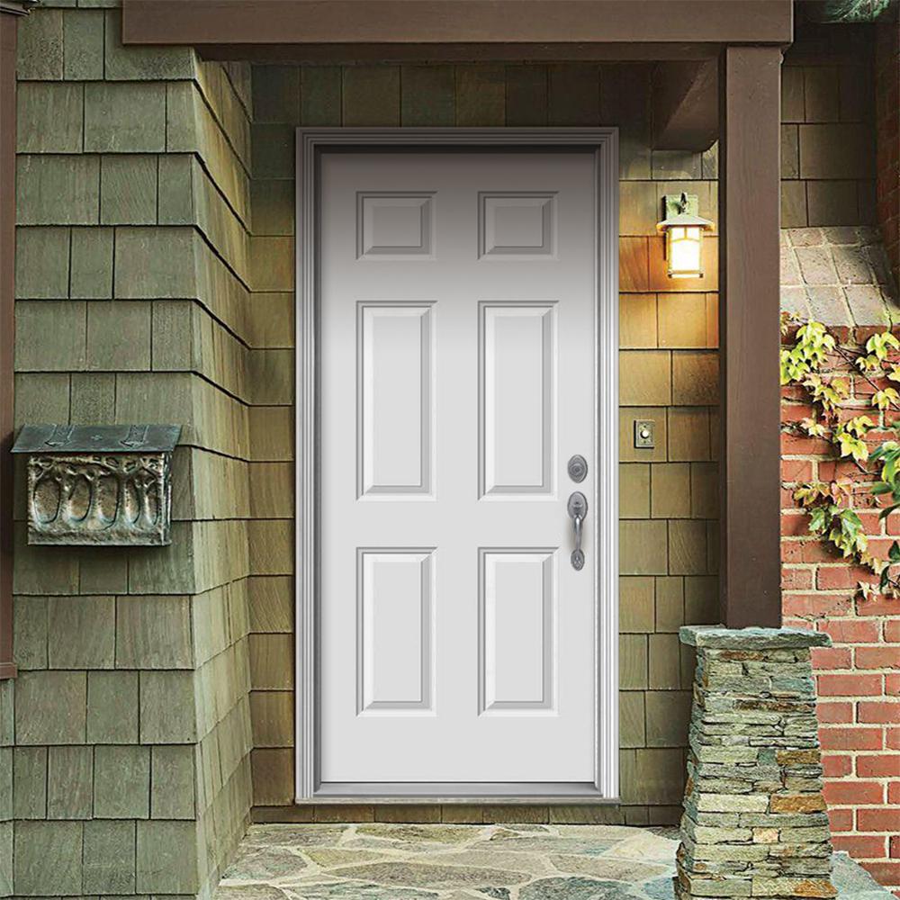 Jeld Wen 36 In X 78 In 6 Panel Primed Steel Prehung Left Hand Inswing Front Door W Brickmould