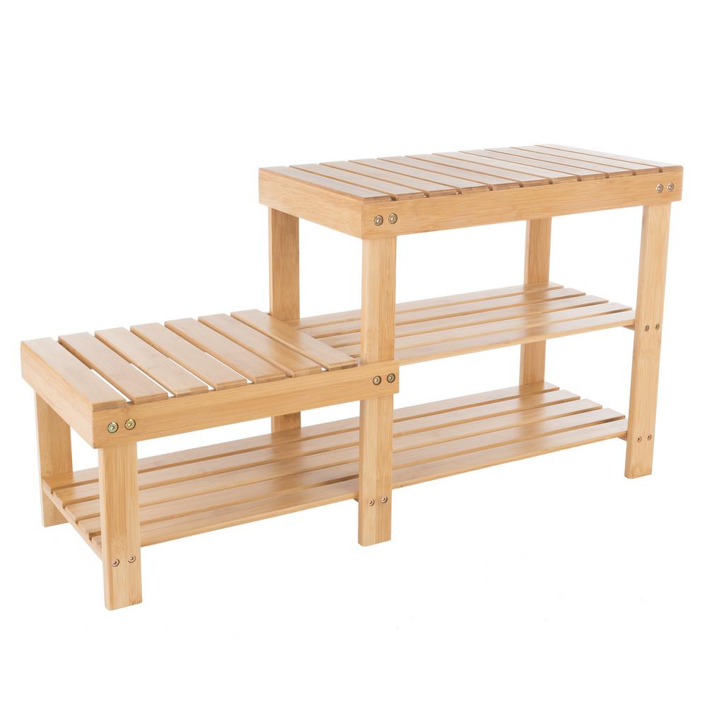 Weymouth Home 18 In H X 33 25 In W 2 Shelf 5 Pair Bamboo Shoe Rack With Bench Seat 399491jau The Home Depot