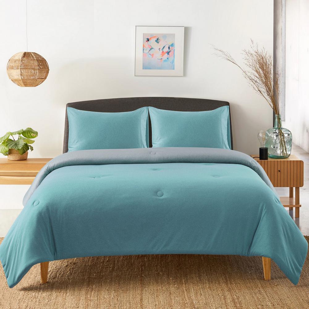 Heathered Aqua Grey Solid Full Queen Jersey Reversible Comforter Ec651aq13 The Home Depot