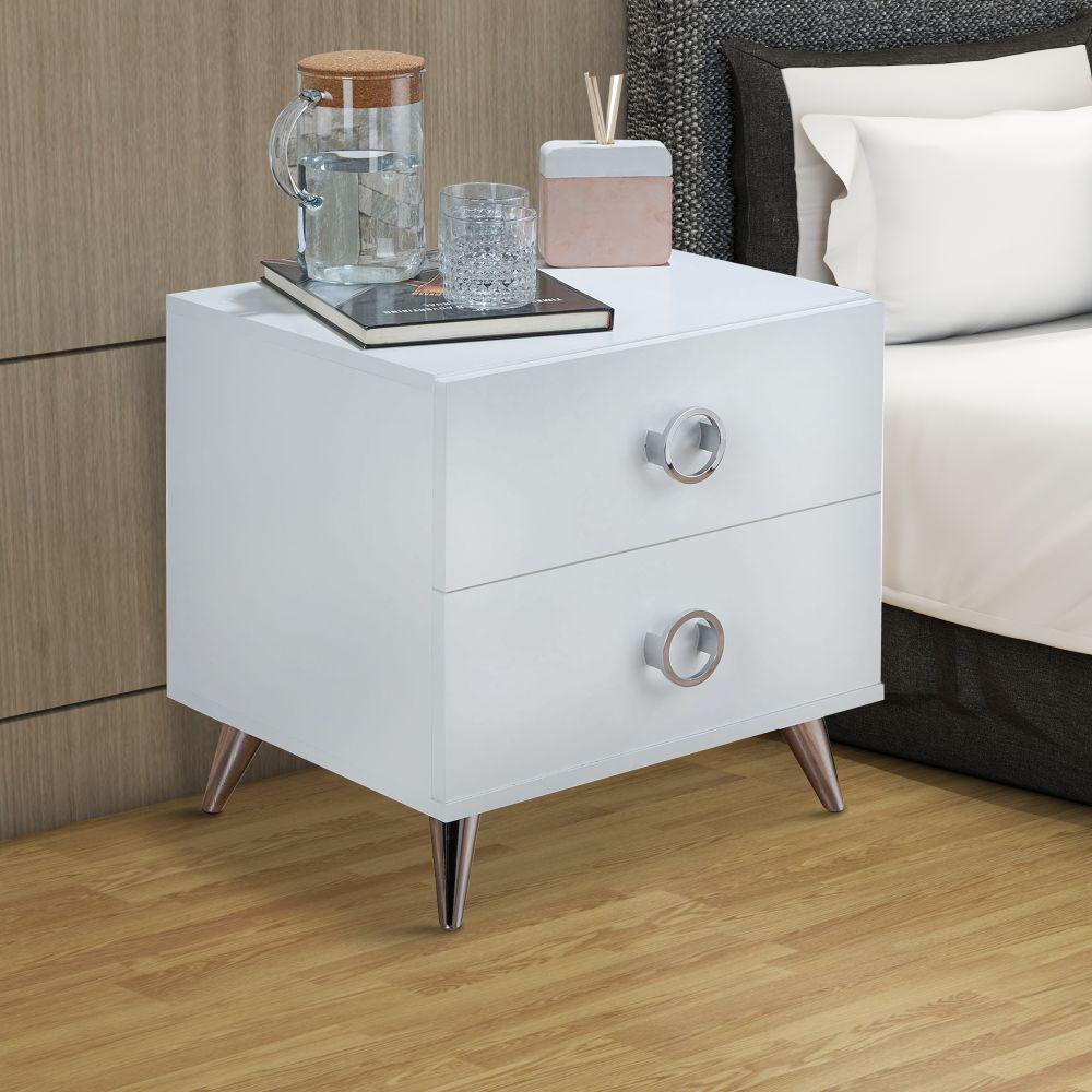 Benjara Modern Style 2 Drawer White And Chrome Wood And Metal Nightstand Bm154629 The Home Depot