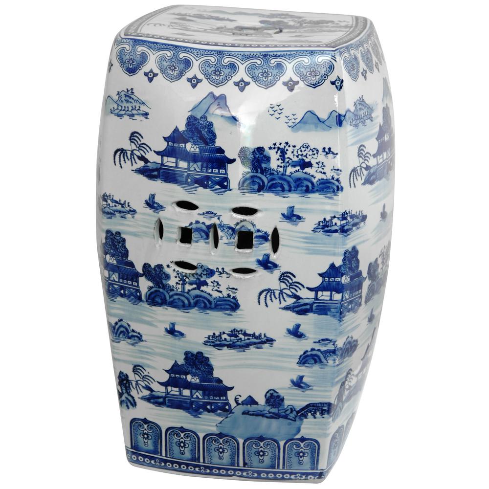 Oriental Furniture 18 In Square Landscape Blue And White Porcelain Garden Stool
