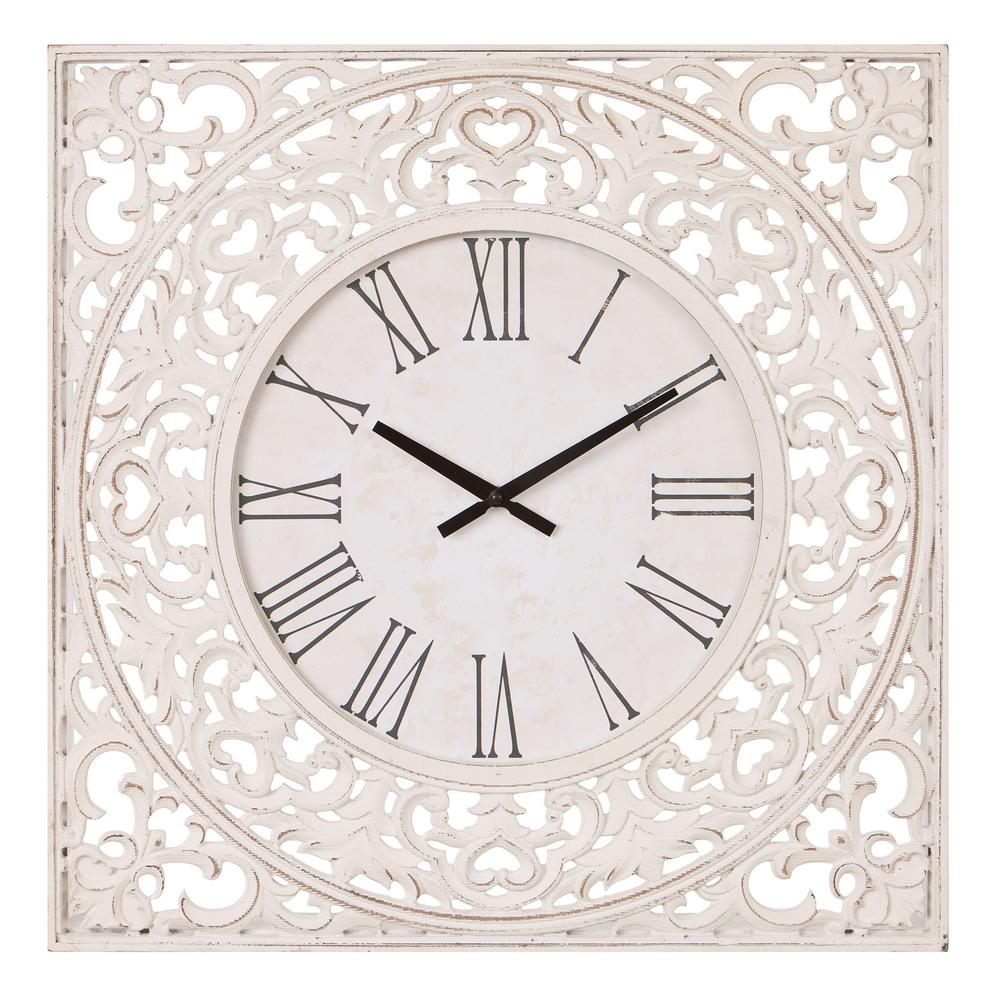 Pinnacle Ornate Wood Carved Distressed White Wall Clock 1805 3724