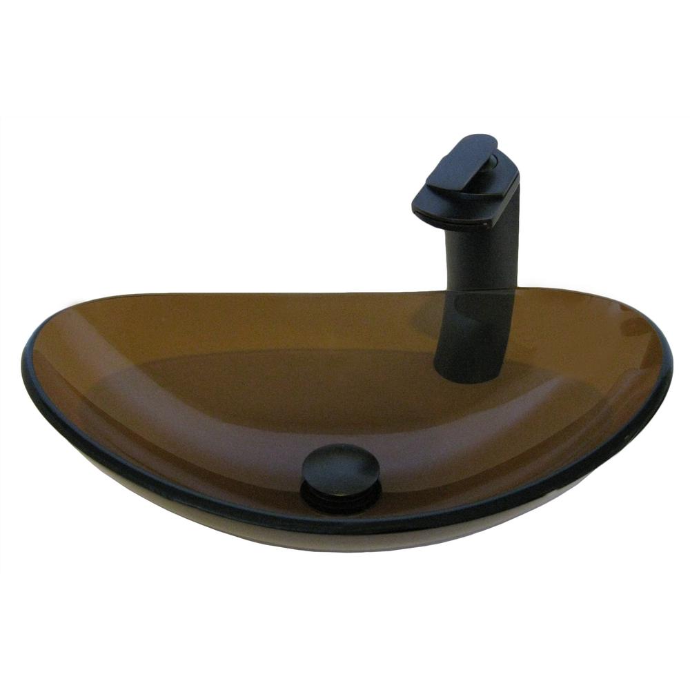 Glass Vessel Sink in Brown with Sealer, Drain, Mounting Ring and Faucet