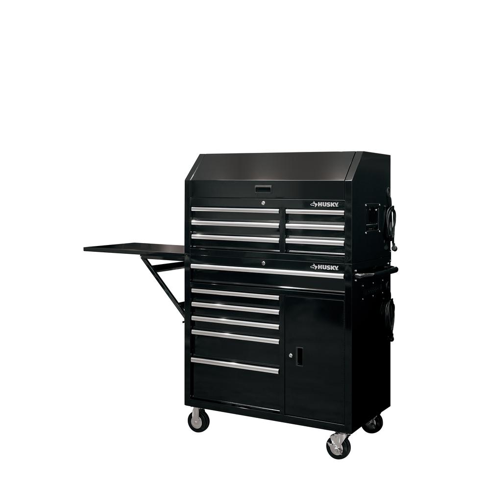 Husky 41 In W 12 Drawer Deep Combination Tool Chest And Rolling Cabinet Set In Gloss Black With Side Table Hotc4112b12s The Home Depot