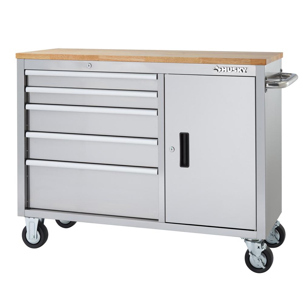 Husky 46 in. 5-Drawer and 1-Door Stainless Steel Mobile 