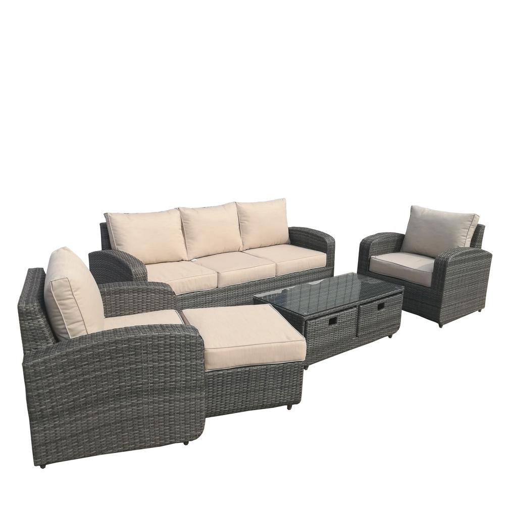 Direct Wicker Strathmere Grey 5 Piece Wicker Patio Conversation Set With Beige Cushions Pas 1515 Grey The Home Depot