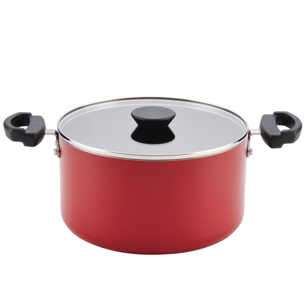 Farberware Neat Nest Space Saving 6 Qt Aluminum Nonstick Sauce Pot In Red With Glass Lid 20459 The Home Depot