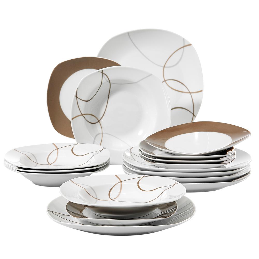 VEWEET 24-Piece Black Decals Porcelain Dinnerware Set Bowls Dessert Soup Plates 