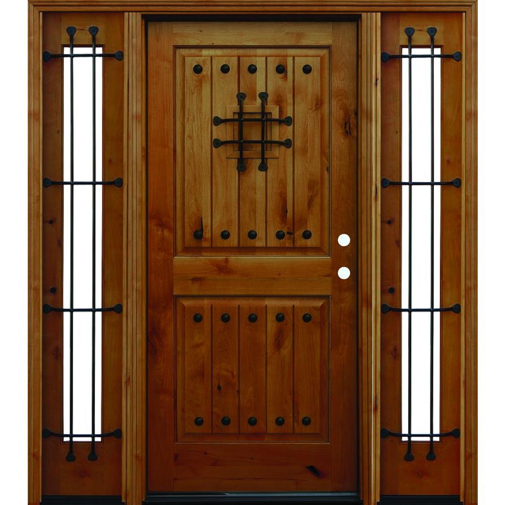 Pacific Entries 66 In X 80 In Mediterranean Rustic 2 Panel V Groove Stained Knotty Alder Wood Prehung Front Door With 12 In Sidelites