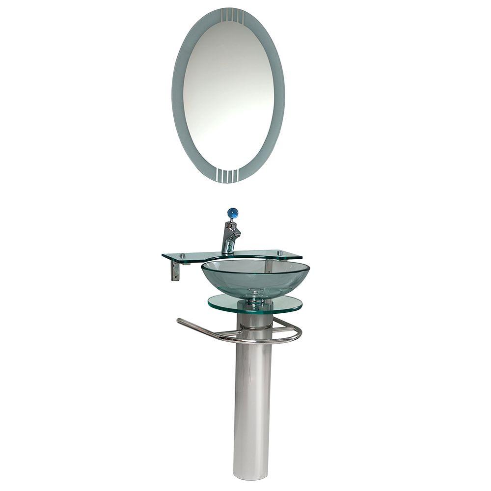 Fresca Ovale Vessel Sink In Clear Glass With Stand In Chrome And Frosted Edge Mirror