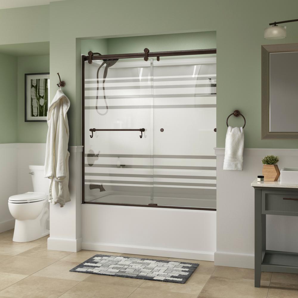 Delta Portman 60 x 58-3/4 in. Frameless Contemporary Sliding Bathtub Door in Bronze with Transition Glass was $637.0 now $439.0 (31.0% off)