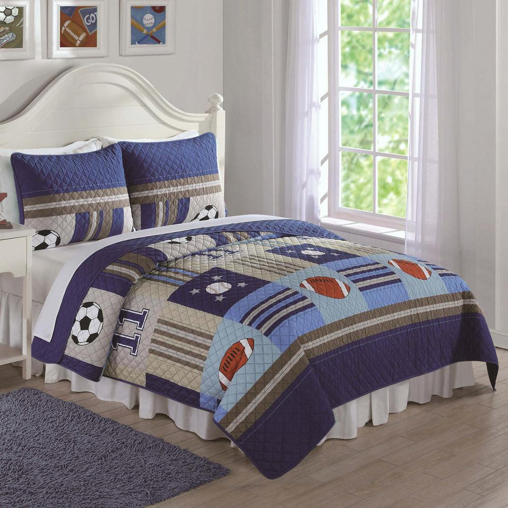 My World Mason Stripe Blue and White Twin Quilt Set with BONUS Decorative Pillow QS1939TW32600