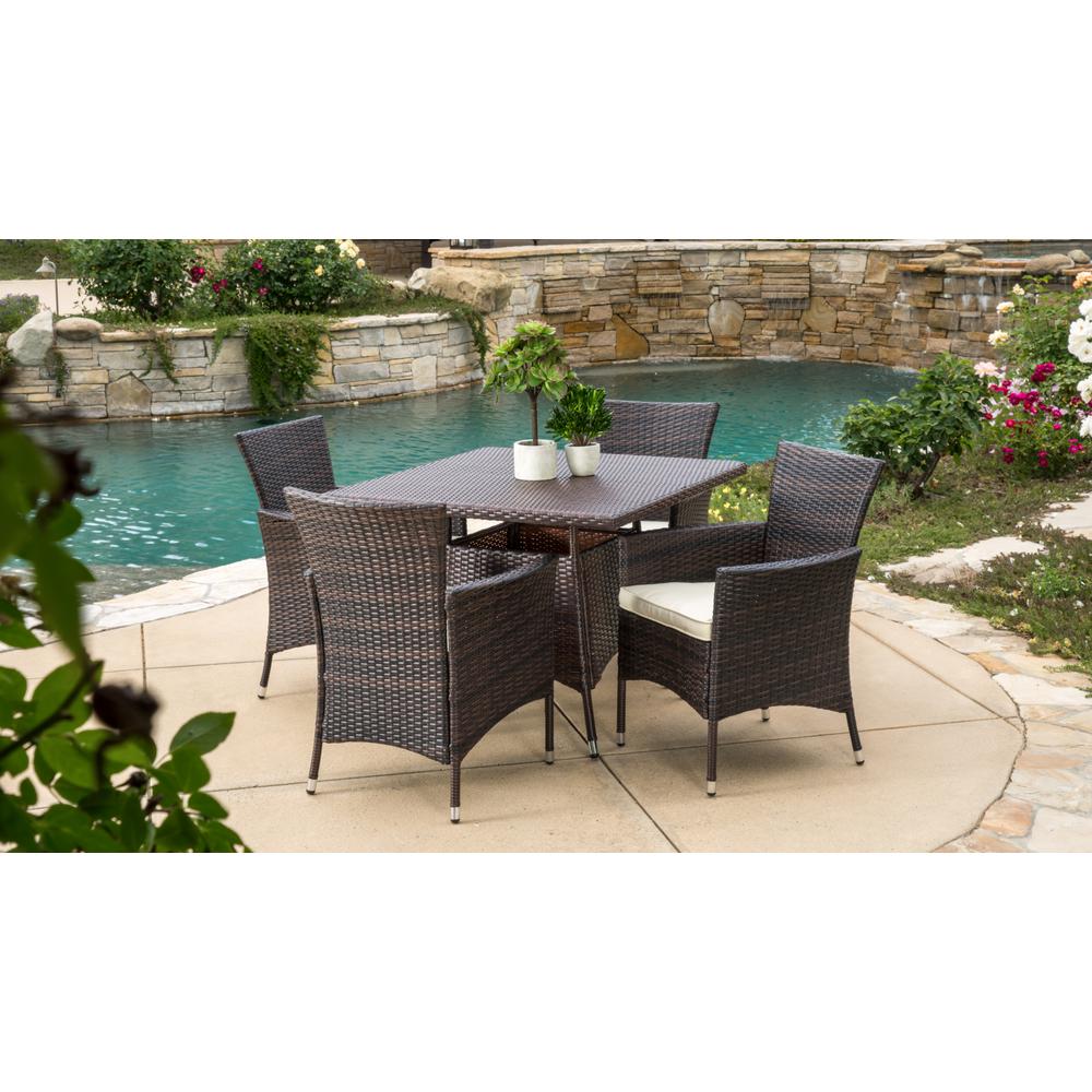 Le House Danielle Multi Brown 5 Piece Wicker Square Outdoor Dining Set With Beige Cushions Le House Danielle Multi Brown 5 Piece Wicker Square Outdoor Dining Set With Beige Cushions