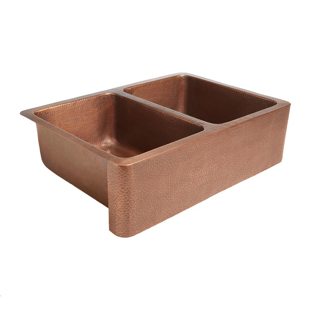 Sinkology Rockwell Farmhouse Apron Front Handmade Solid Copper 33 In Double Bowl 50 50 Kitchen Sink In Antique Copper