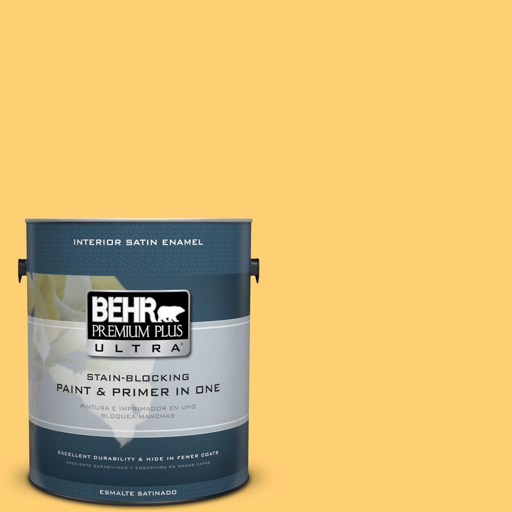BEHR Premium Plus 5 gal. 320B6 Mellow Yellow Satin Enamel Zero VOC Interior Paint and Primer