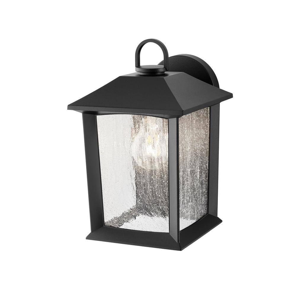 Hampton Bay 1-Light Black Outdoor Wall Mount Lantern Sconce with Seeded Glass