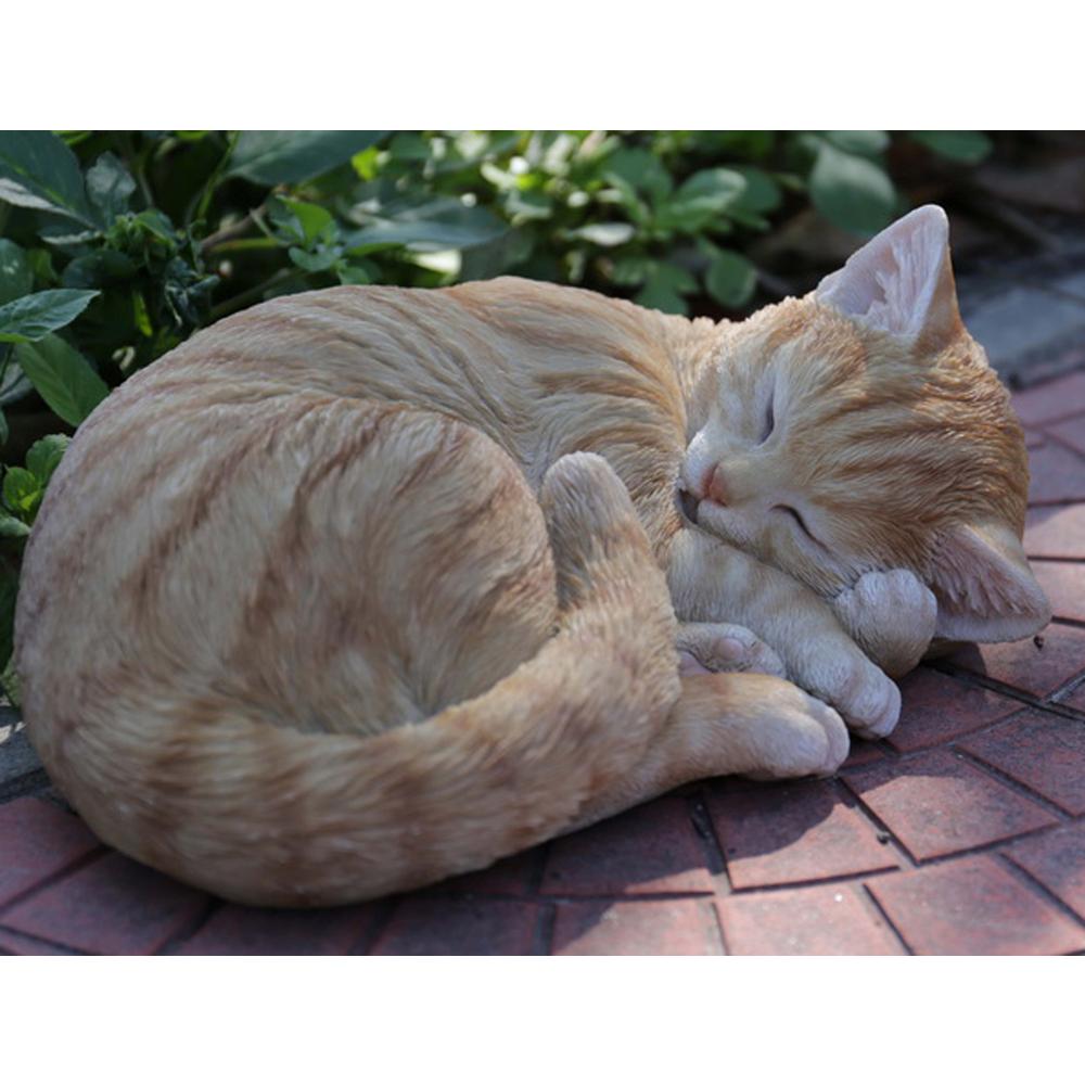 Life Like Statue Home Sleeping Orange Tabby Cat Figurine Adorable Garden NEW