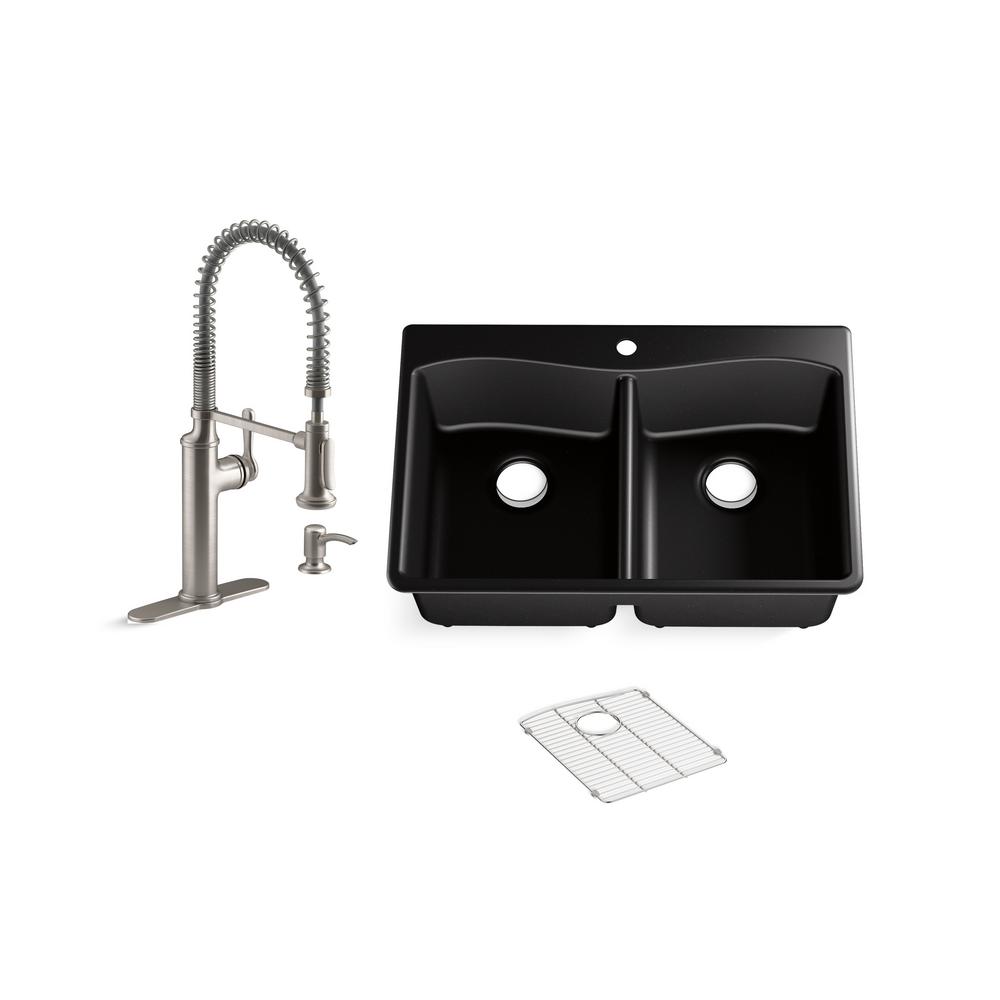 Kohler Kennon Drop In Undermount Neoroc Granite Composite 33 In Double Bowl Kitchen Sink With Sous Faucet In Matte Black