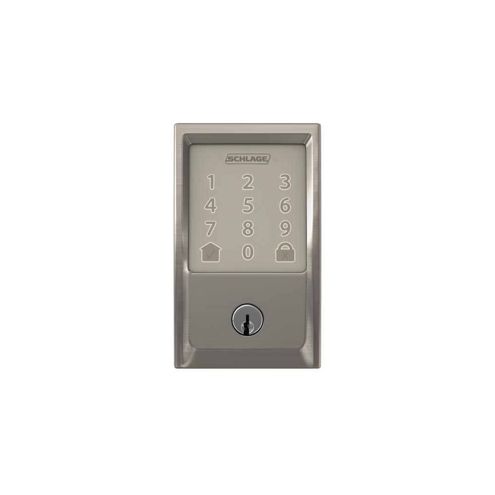 Schlage Century Encode Smart Wifi Door Lock With Alarm And Latitude Lever Handleset In Satin Nickel