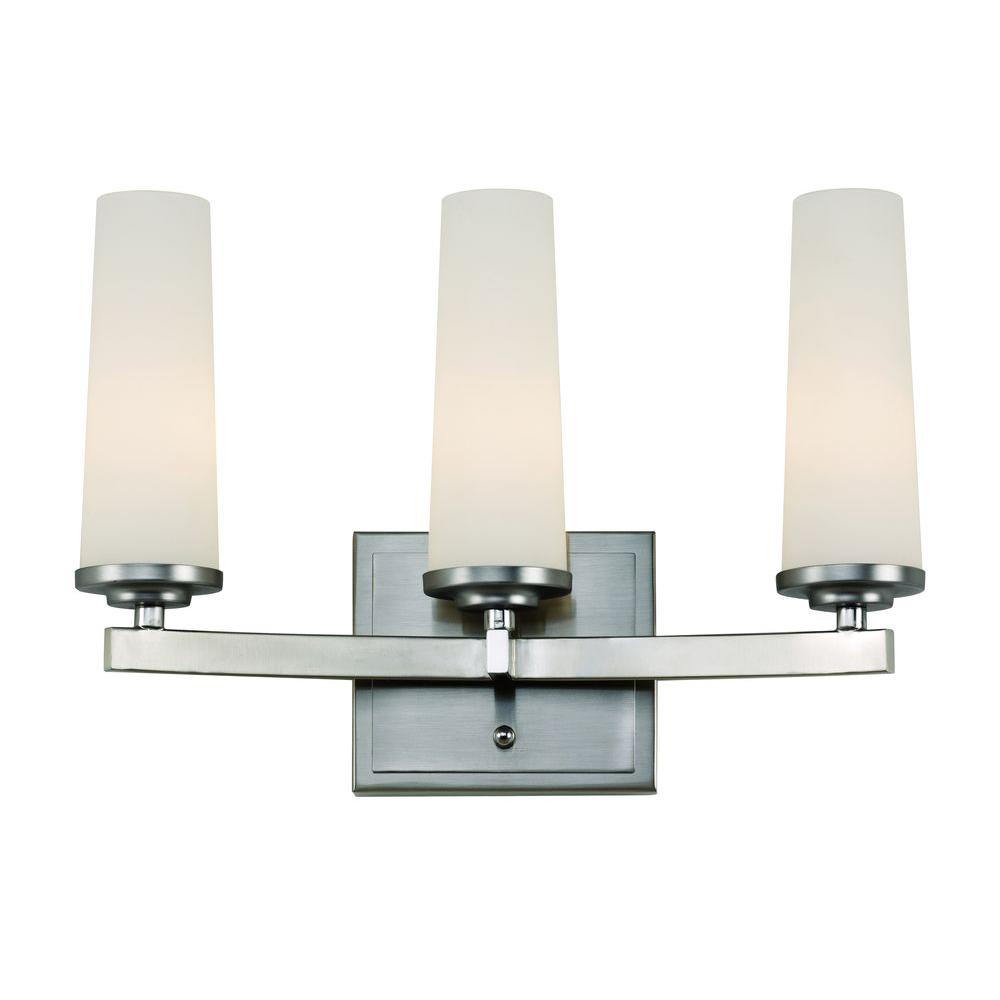 Bel Air Lighting 3-Light Satin Nickel Vanity Bath Light with Frosted Glass Cylinders-20243 SN ...