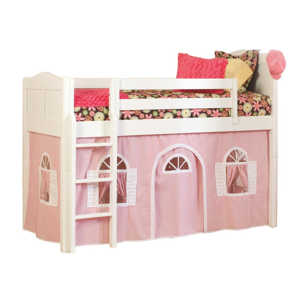 Cottage White Twin Low Loft Bed With Pink And White Bottom Curtain
