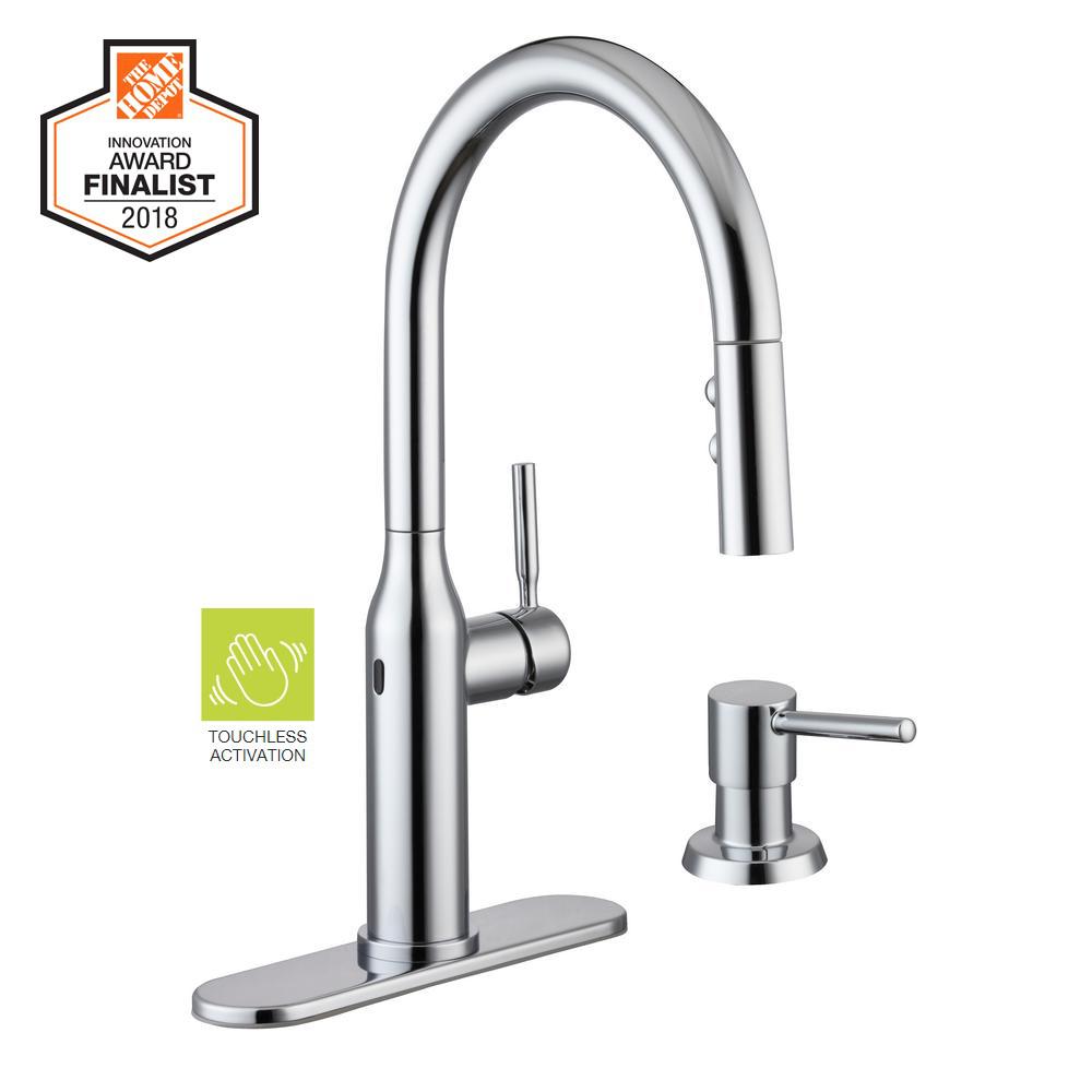 Glacier Bay Upson Single-Handle Touchless Pull-Down Kitchen Faucet with TurboSpray and FastMount and Soap Dispenser in Chrome