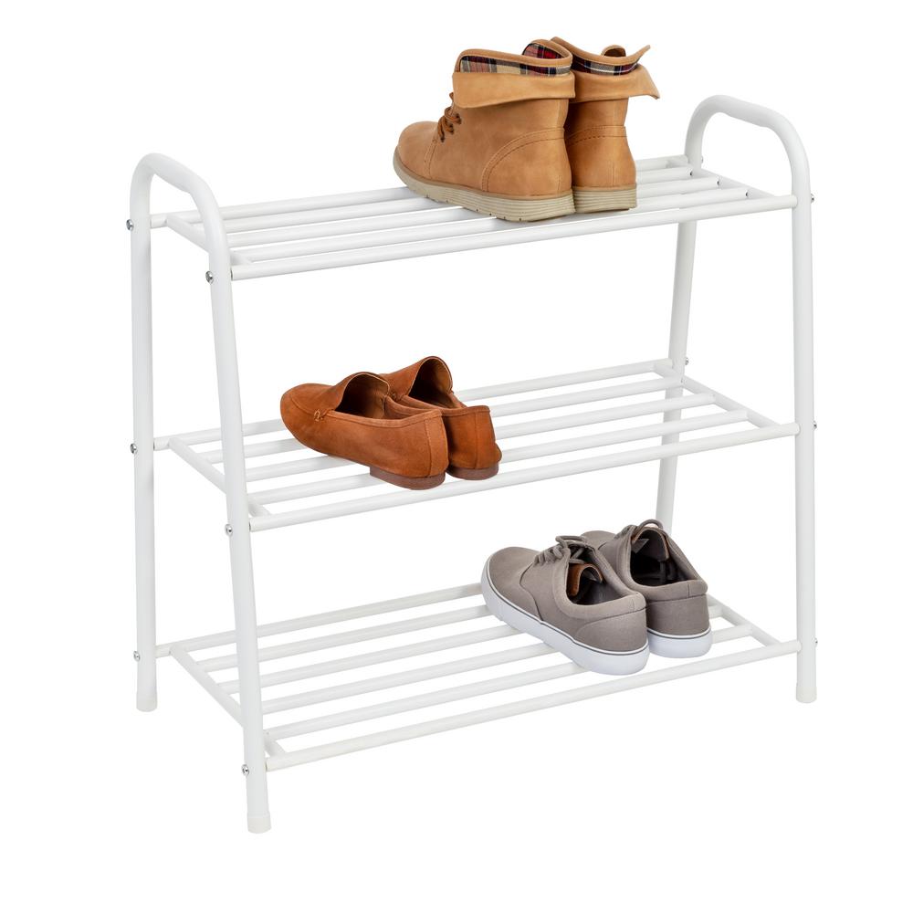 Honey Can Do 23 6 In H X 12 In W 12 Pair 3 Shelf Matte White Steel Freestanding Shoe Rack Sho 09059 The Home Depot