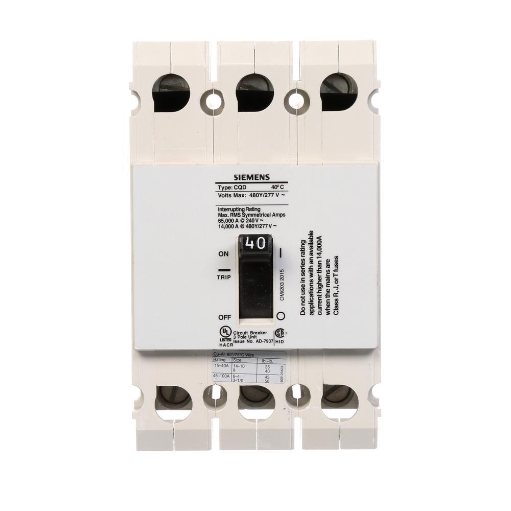 Siemens 40 Amp Triple Pole Type CQD Cable In Cable Out DIN Rail Circuit Breaker by Siemens
